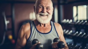 porque es importante fortalecer los musculos: un senior levantando pesas